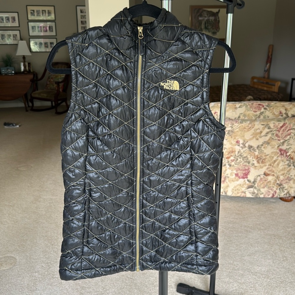 The North Face BlackVest with gold stitching
Size M
Has two inside pockets